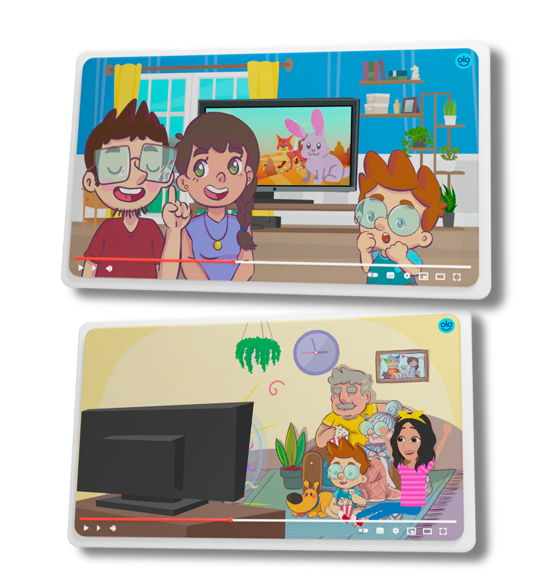 Duas cenas de vídeos animados da Plataforma OLO: uma família conversando na sala e crianças assistindo TV com os avós