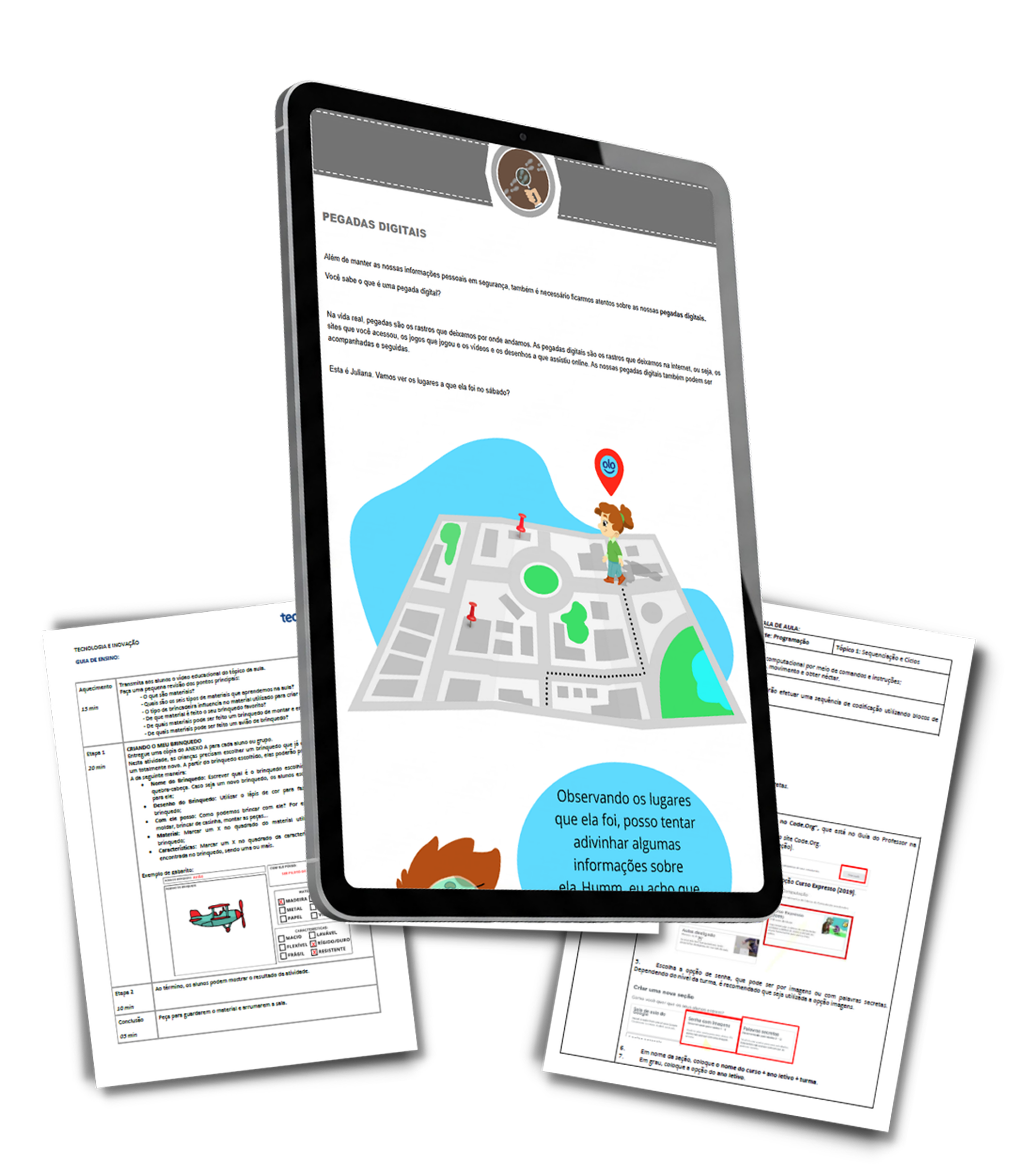 Tablet com o e-book “Pegadas Digitais” aberto, sobre folhas de guias de ensino para o professor