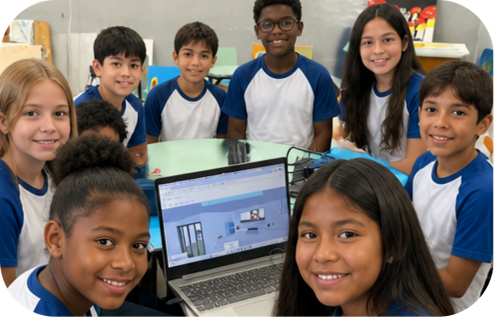 Grupo de alunos sorridentes em volta de uma mesa com um notebook aberto na Plataforma OLO